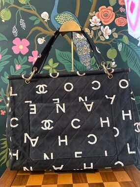 Chanel Upside Down Alphabet Logo Tote Black Denim GHW